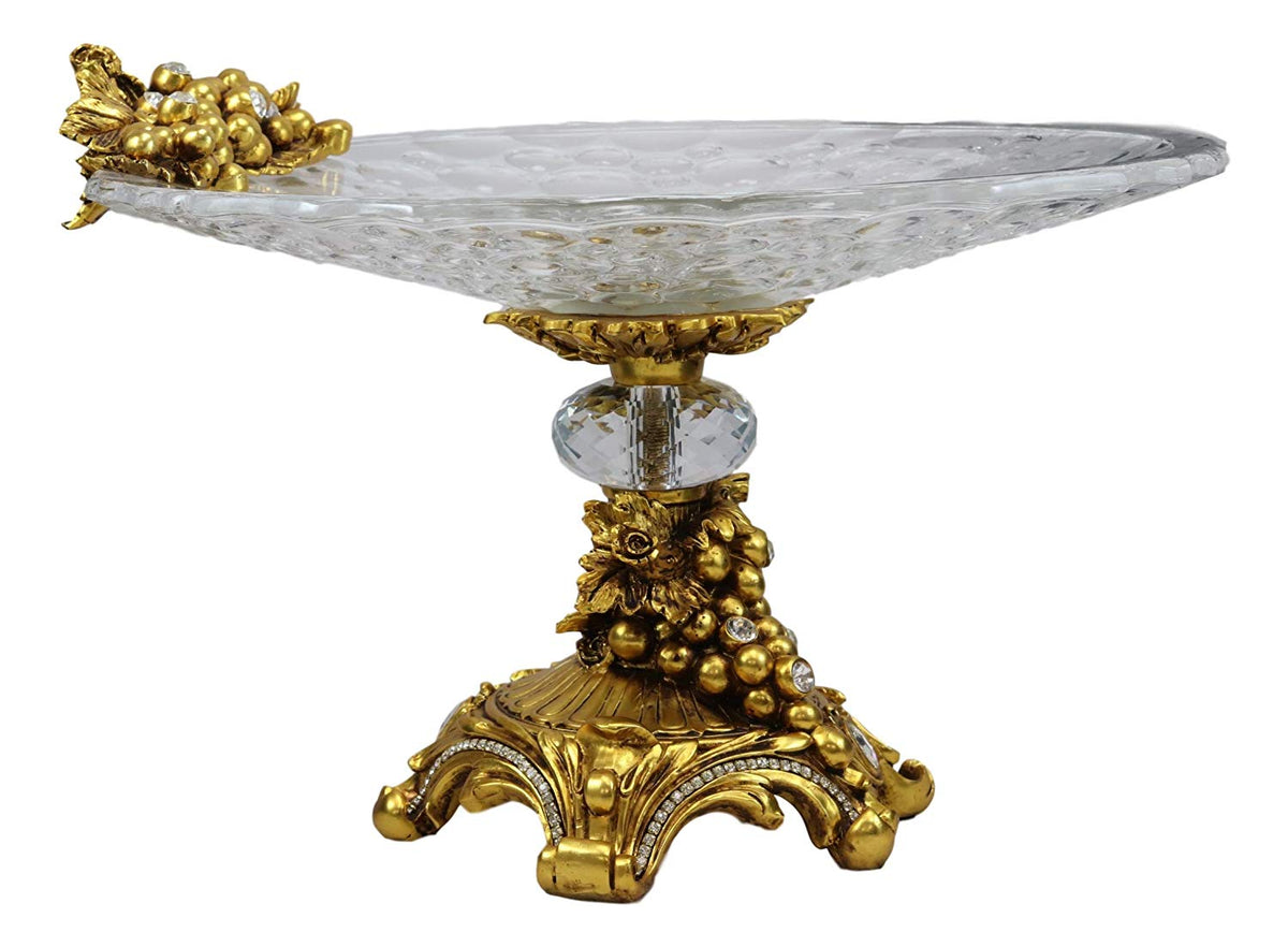 Ebros Gift Vintage Antique Baroque Design Large Crystal Glass Round Dish 16"Wide Dessert Platter Stand With Electroplated Gold Fruits And Grapes Themed Base Sculpture And Austrian Crystals Centerpiece - Ebros Gift
