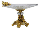 Ebros Gift Vintage Antique Baroque Design Large Crystal Glass Round Dish 16"Wide Dessert Platter Stand With Electroplated Gold Fruits And Grapes Themed Base Sculpture And Austrian Crystals Centerpiece