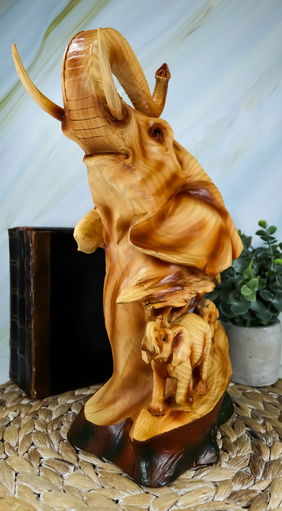 Ebros Wildlife Elephant Bust Statue 12" Tall Faux Wood Resin Wildlife Safari Elephant Family Migration Scene Figurine