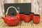 Chinese Art Calligraphy Red Porcelain 27oz Tea Pot With 4 Cups Set Asian Decor