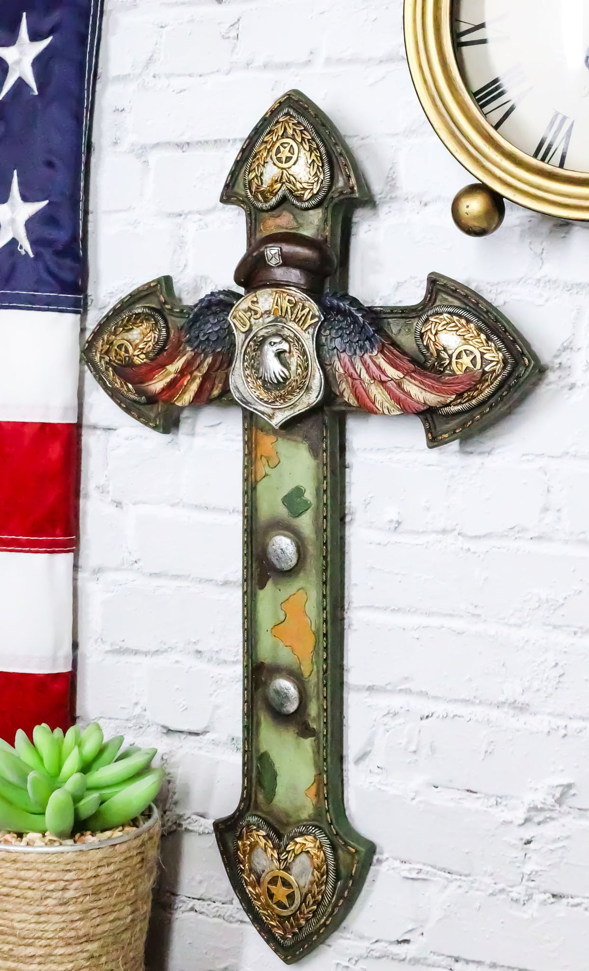 US Army Eagle Badge American Flag Wings Hearts Soldier Camo Memorial Wall Cross