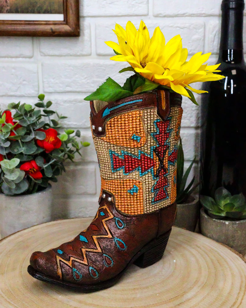Set Of 3 Western Cowboy Aztec Mexica Faux Tooled Leather Boots Floral Vases