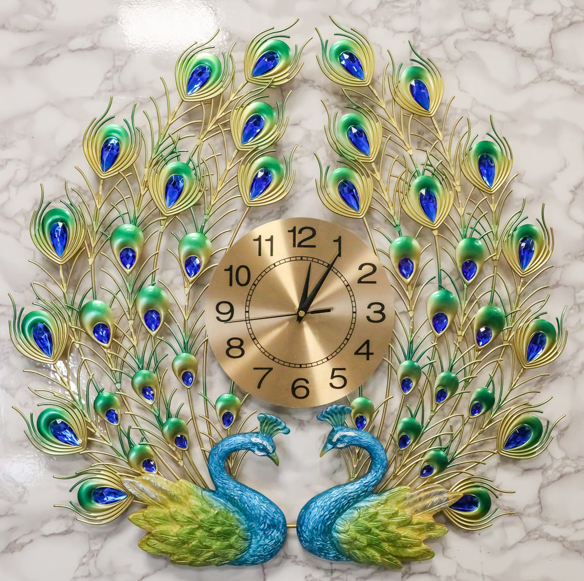 25"H Large Valentine Lover Peacocks Iris Gold Plated Colorful Metal Wall Clock