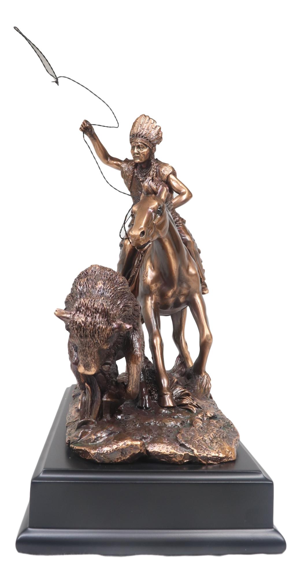 Tribal Native American Indian Hunter On Horse Roping Juvenile Bison Bull Statue - Ebros Gift