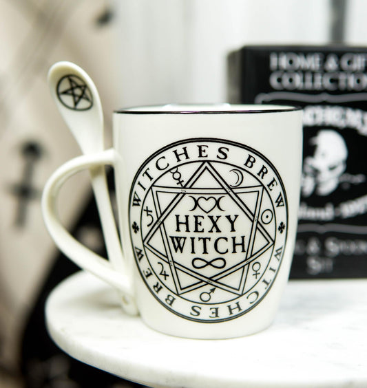 Magical Symbols Pentacles Witches Brew Hexy Witch Coffee Mug And Spoon Set - Ebros Gift