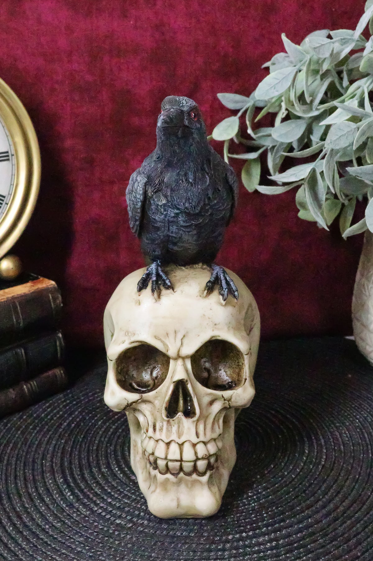 Quoth The Raven Nevermore Black Crow With Red Eyes On Macabre Skull Figurine - Ebros Gift