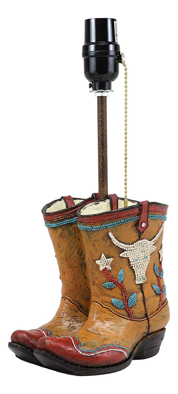 Ebros Western Vintage Cowboy Cowgirl Pair of Boots with Bejeweled Steer Cow Design Desktop Side Table Lamp 18.5"Tall Rustic Country Southwestern Bedside Home Accent Lighting Decor