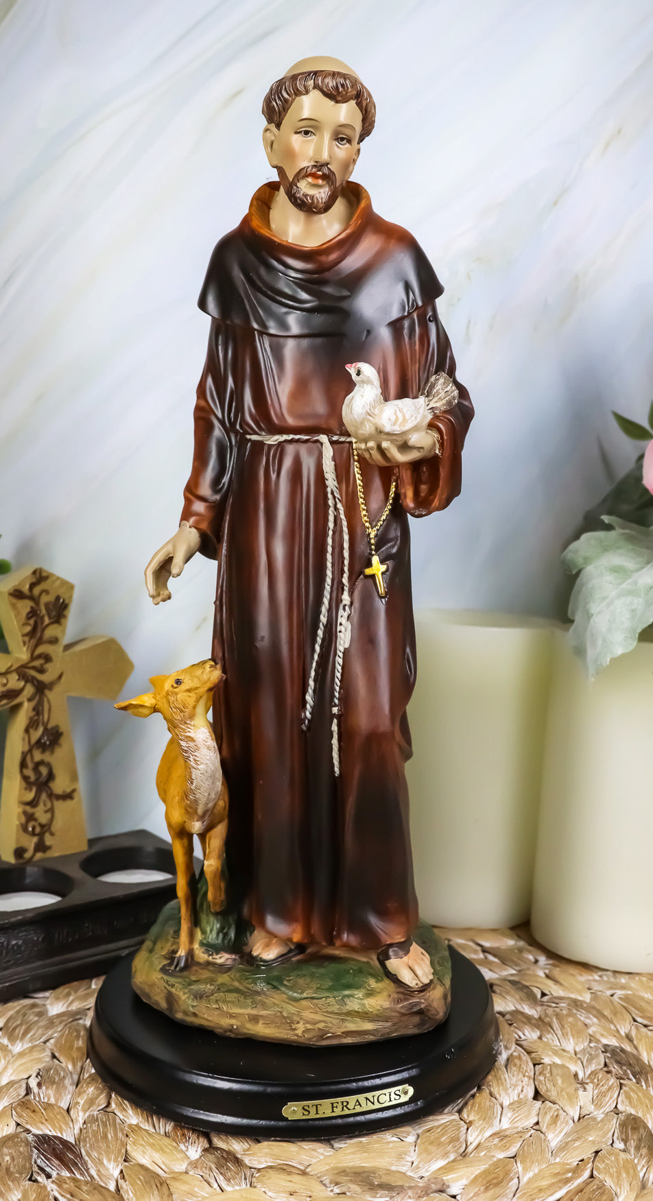Ebros Gift Holy Catholic Saint Francis of Assisi with Dove and Deer Statue and Brass Name Plate 12.25" H Devoted Monk Patron of Animals & Environment Servant of Christ Altar Figurine Sculpture - Ebros Gift