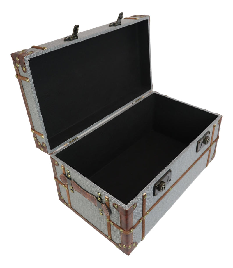Set Of 3 Stackable Large Wood Vintage Grey Fabric With Leather Trunk Case Boxes