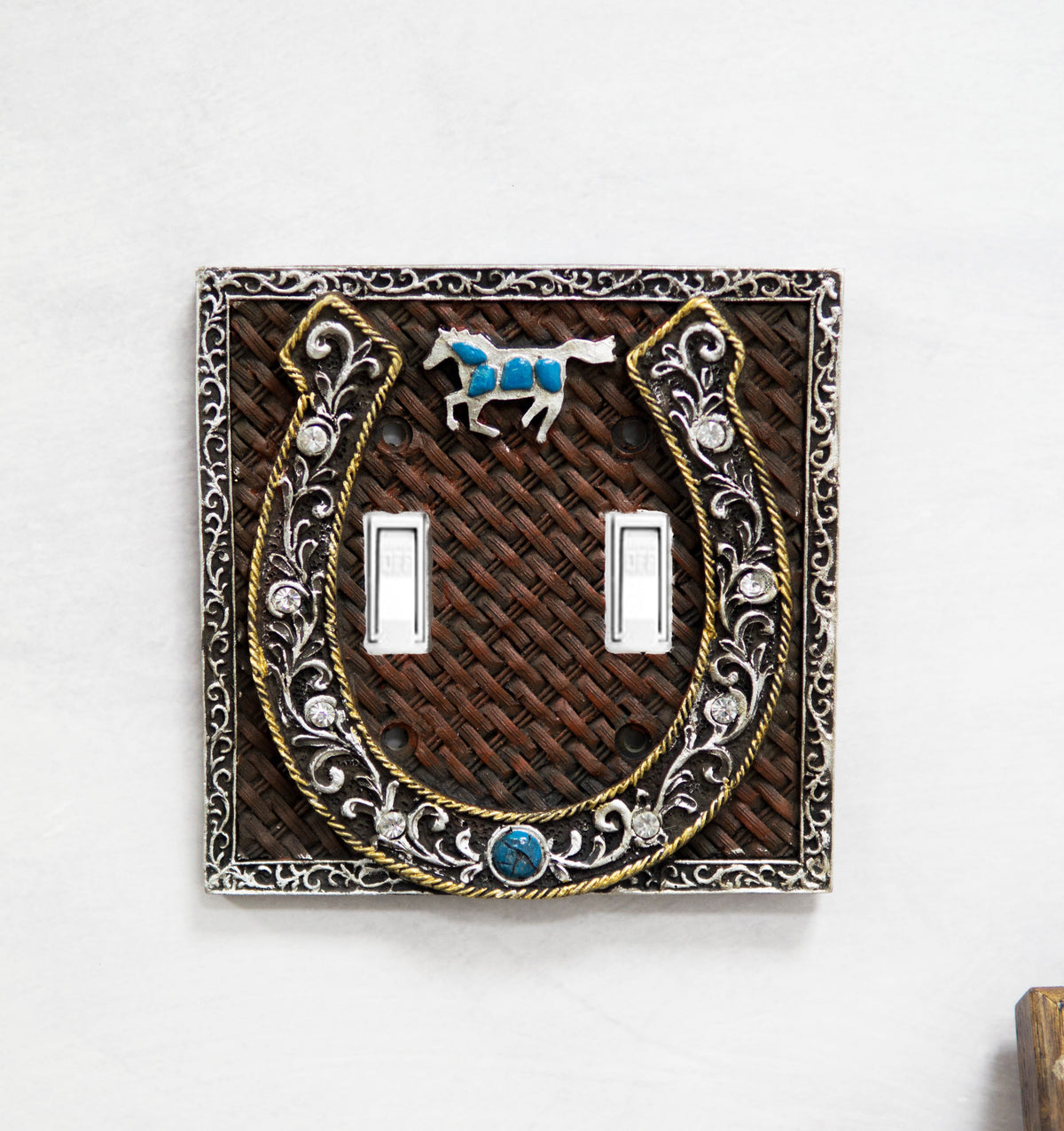 Set of 2 Western Horseshoe Turquoise Mustang Wall Double Toggle Switch Plates