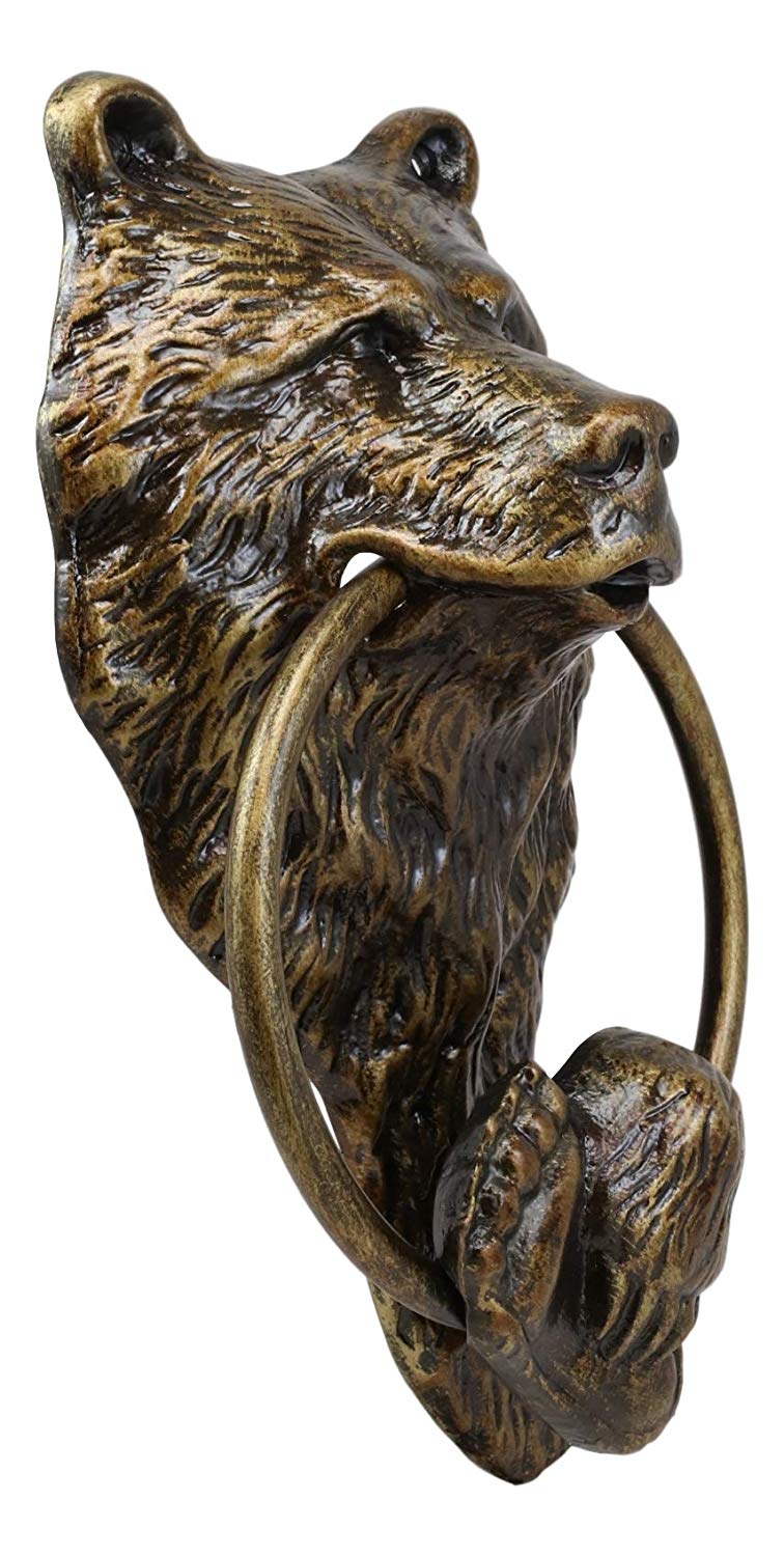 Ebros Gift Rustic Western Forest Grizzly Bear Head with Foot and Paw Cast Aluminum Door Knocker Figurine Decorative Knockers Themed Bears for Cabin Lodge Mountain Cottage Home Accent Decor Hardware