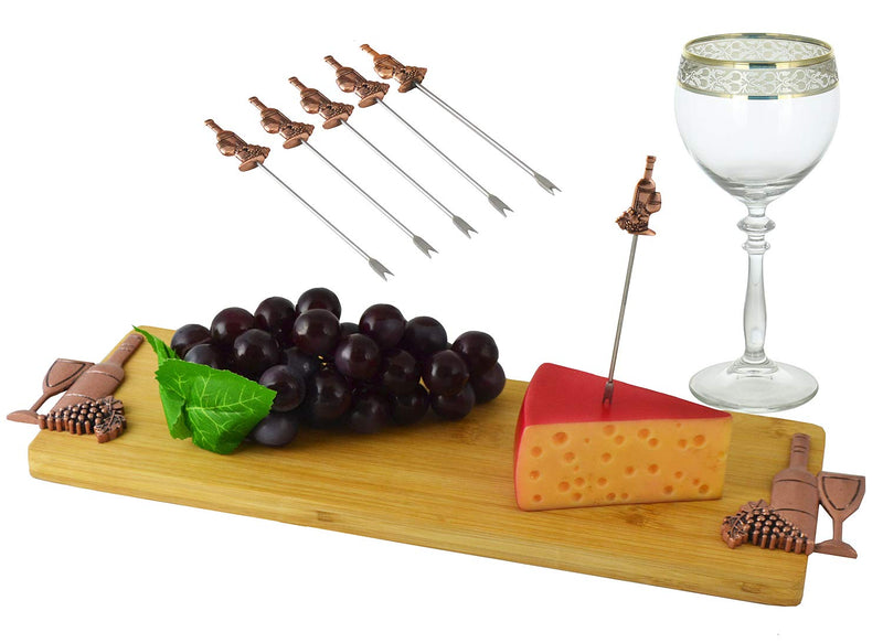 Wine And Grapes Bamboo Cheese Board 16" by 5" & 6 Stainless Steel Picks Gift Set