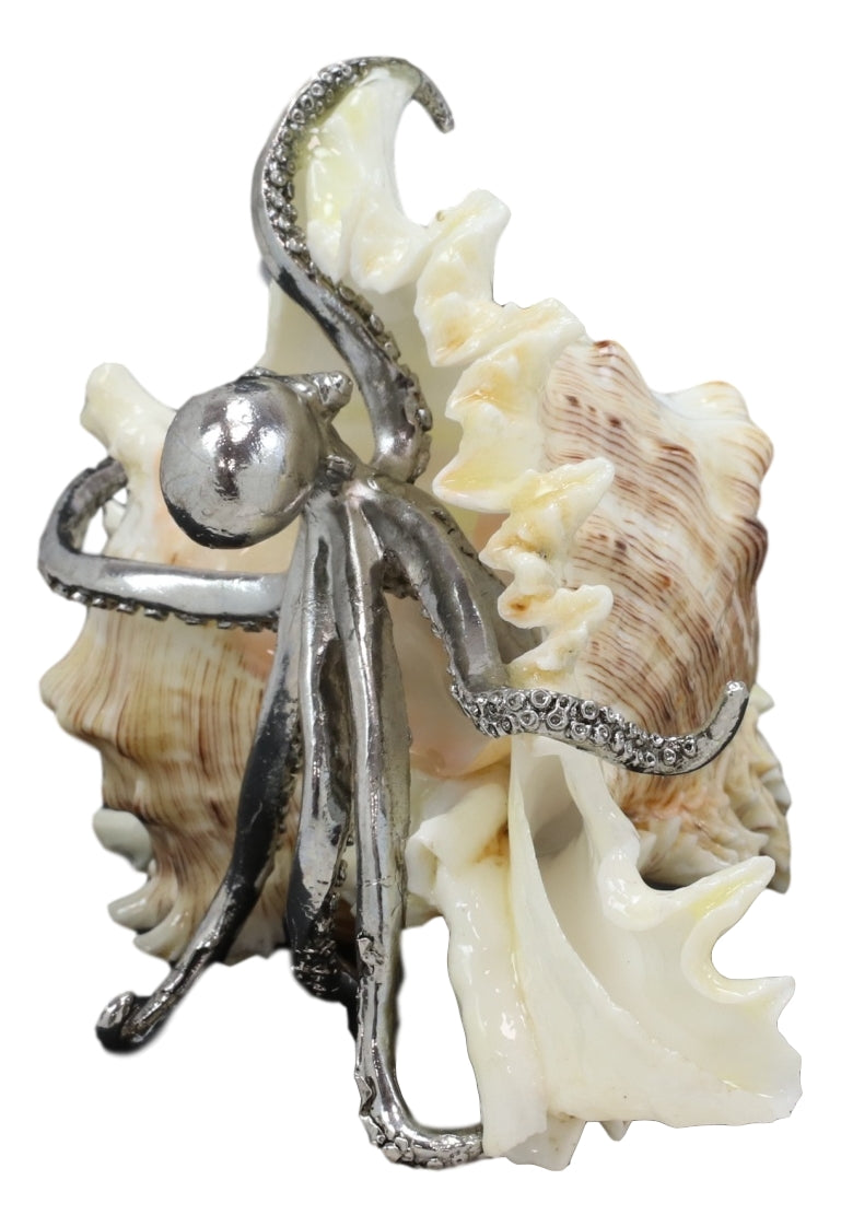 Nautical Marine Silver Giant Sea Octopus On Pretty Striped Sconce Shell Figurine