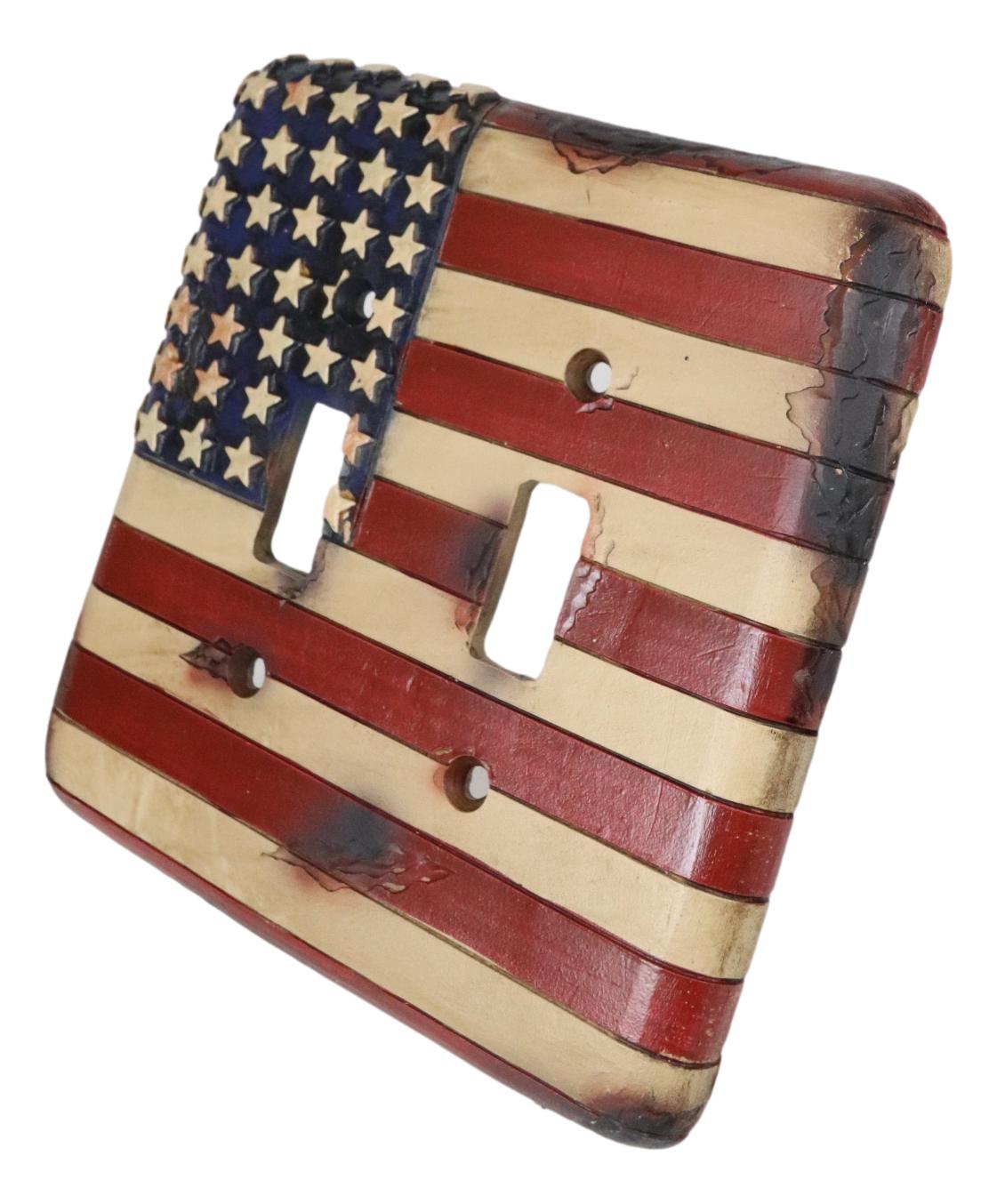 Set of 2 Rustic Patriotic USA American Flag Wall Double Toggle Switch Plates - Ebros Gift