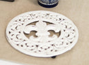 Rustic Off White Round Fleur De Lis Medallion In Scroll Design Cast Iron Trivet