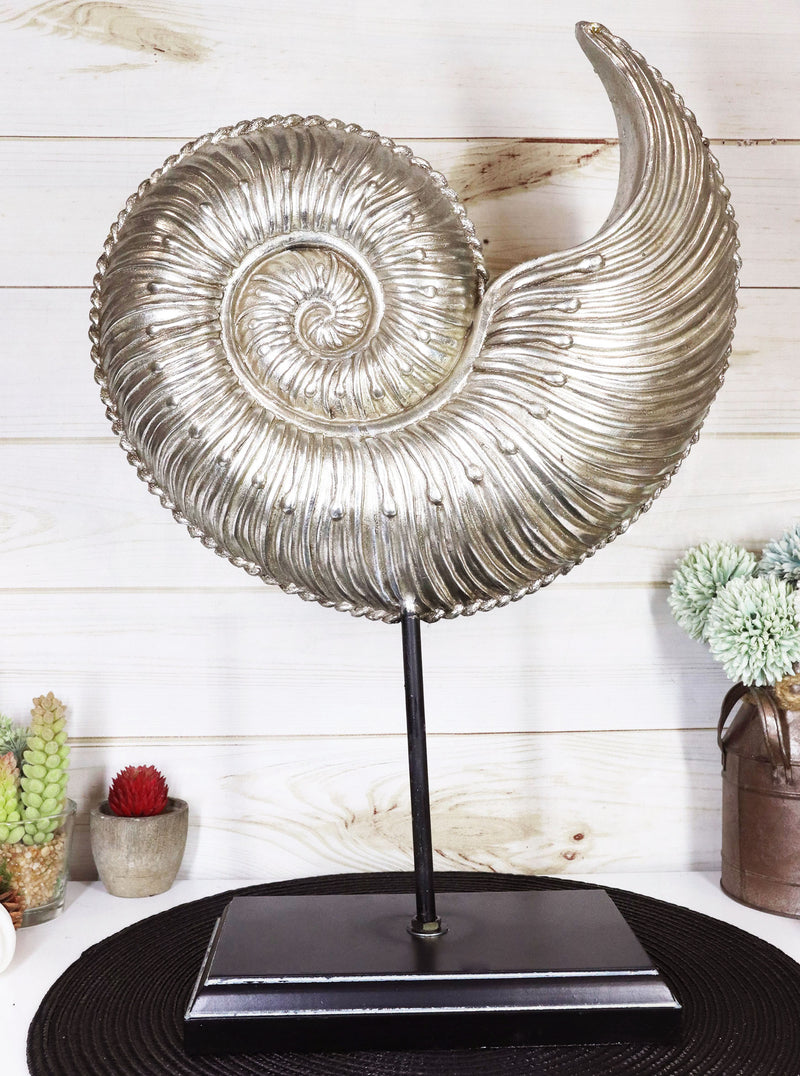 19"H Large Silver Gold Leaf Resin Marine Sea Spiral Nautilus Shell On Pole Stand