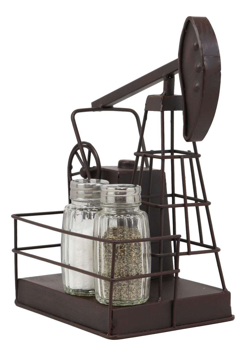 Ebros Vintage Metal Oil Derrick Rig Pump Glass Salt And Pepper Shakers Carrier Holder