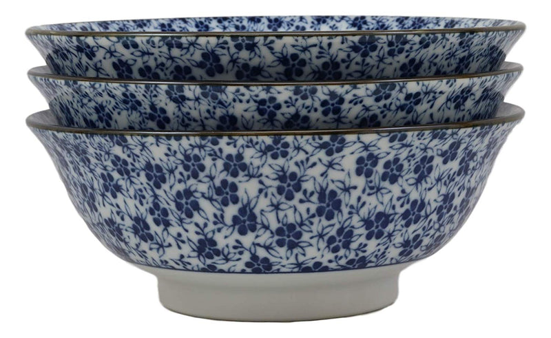 Ebros Gift Blue And White Ming Style Floral Petals Ceramic Bowls Pack Of 3 Ramen Pho Soup Bowl Set 32oz 8"Diameter Made In Japan