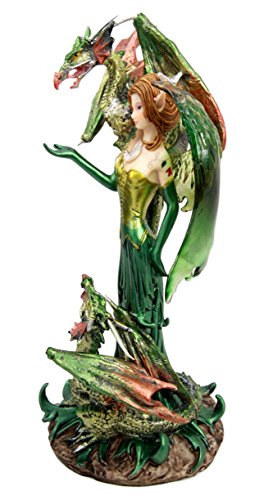 Ebros Gift Emerald Elf Fairy With 2 Green Guardian Dragons Figurine 9"H