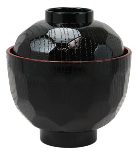 Made In Japan Honeycomb Ridged Black Red Lacquer Copolymer Plastic Bowl With Lid