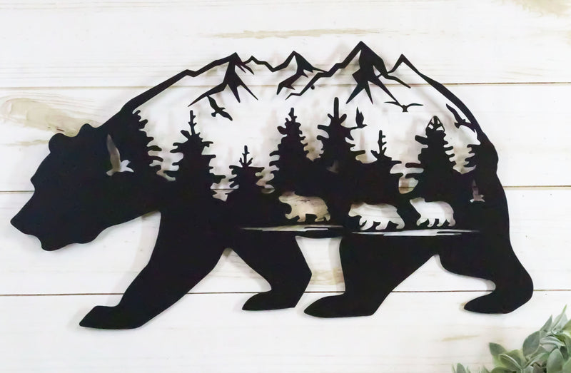 Rustic Scenic Black Bear With Cubs Pine Forest Mountains Wall Metal Cutout Decor