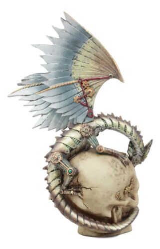 Ebros Steampunk Robotic Dragon Perching On Cyborg Terminator Skull Statue 12" Tall Victorian Sci Fi Legendary Dragon Collectible