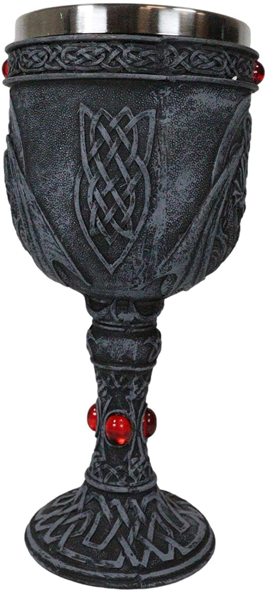 Set of 4 Celtic Dual Winged Dragon Wine Goblet Chalice Resin & Stainless Steel - Ebros Gift