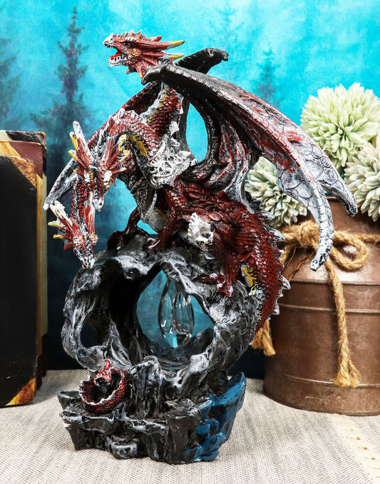 Ebros Gift 3 Headed Hydra Dragon Protecting Rune Crystal Decorative Figurine 9.75" Tall (Volcano Red and Silver Drake) - Ebros Gift