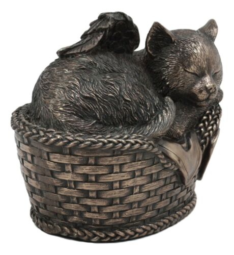 Heavenly Angel Cat Sleeping in Wicker Bed Cremation Urn Pet Memorial Statue
