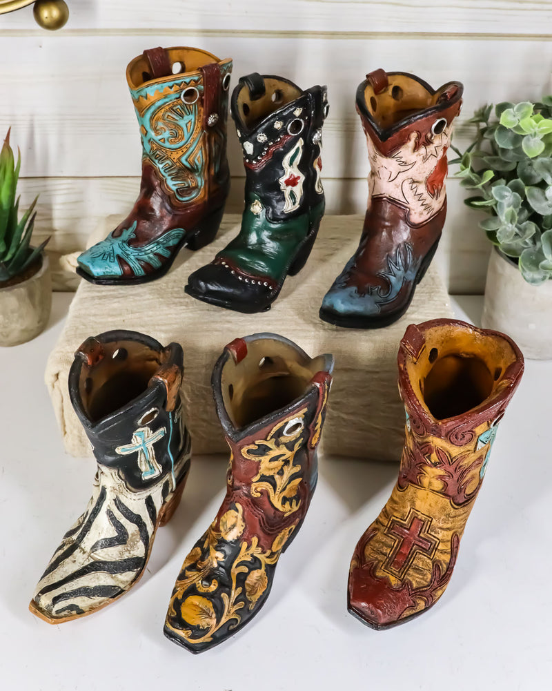 Rustic Western Crosses Tooled Leather Finish Mini Cowboy Boots Figurine Set Of 6