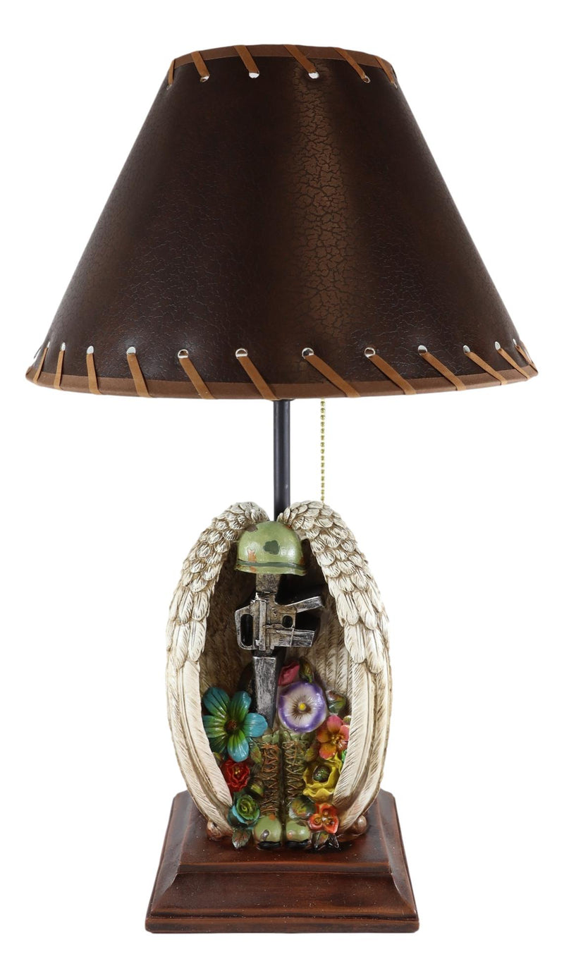 Patriotic Angel Winged Helmet Rifle Boots And Succulents Memorial Table Lamp