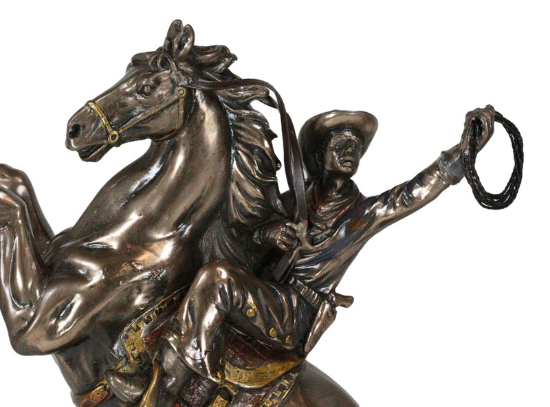 Rustic Western Desert Rodeo Cowboy On Rearing Horse With Lasso Ropes Figurine