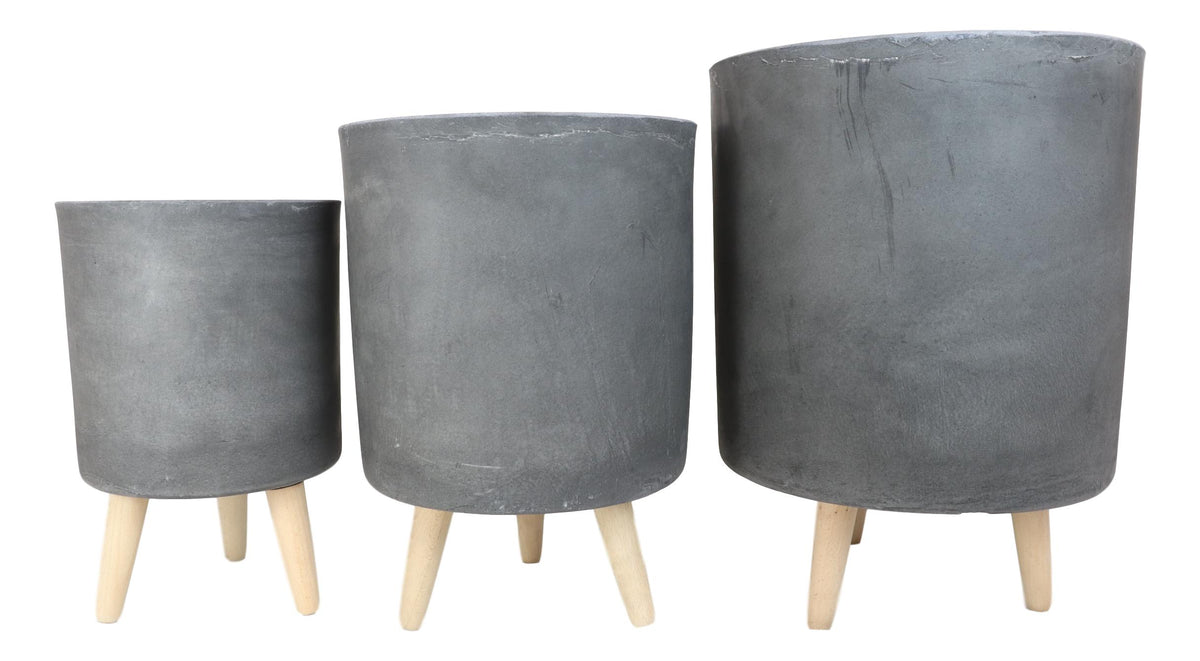 Set of 3 Contemporary Grey Fiber Clay Cylindrical Planter Pots With Wooden Feet
