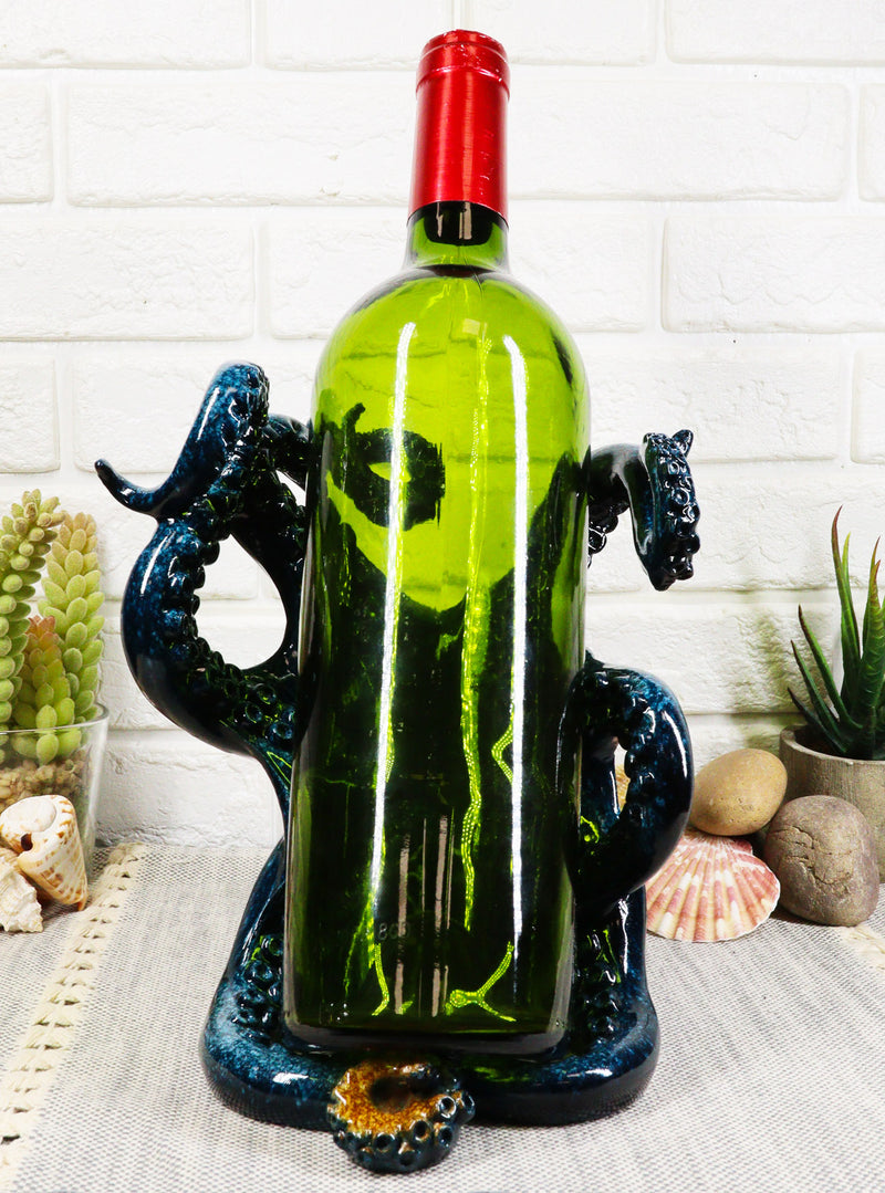 Ebros Nautical Coastal Ocean Blue Octopus Wine Holder 8"Wide Cephalopod Giant Creature Kraken Wine Caddy Figurine Statue Figurine