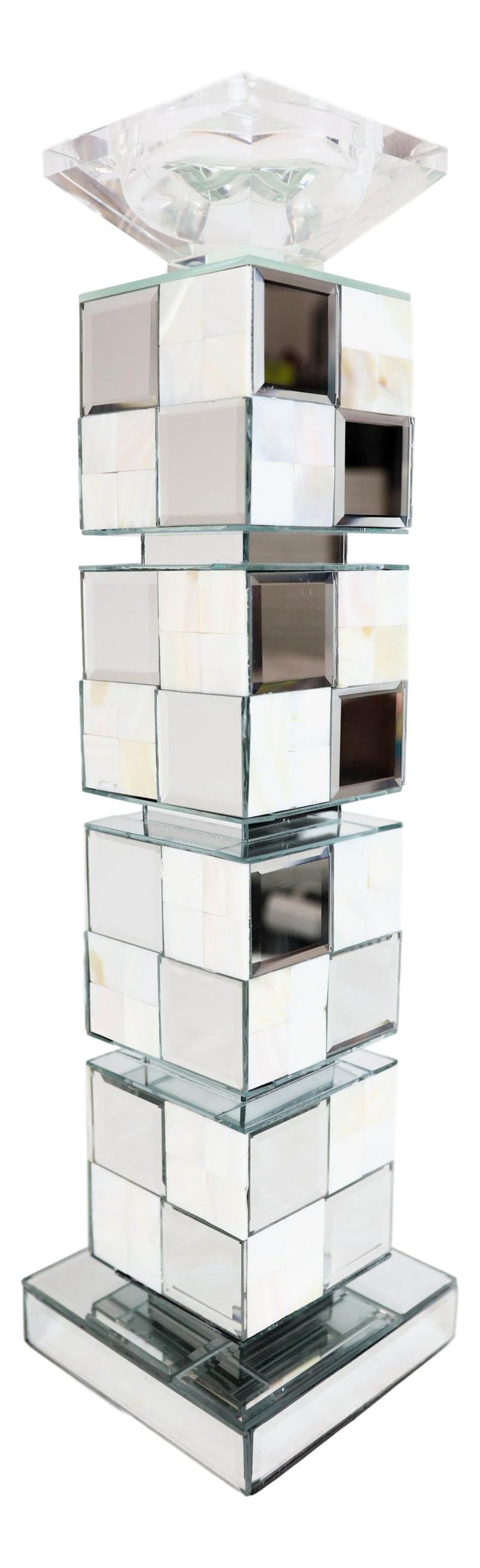 Modern Beveled Mirrors Capiz Shells Checkered Pillar Candle Holder Decor 18"