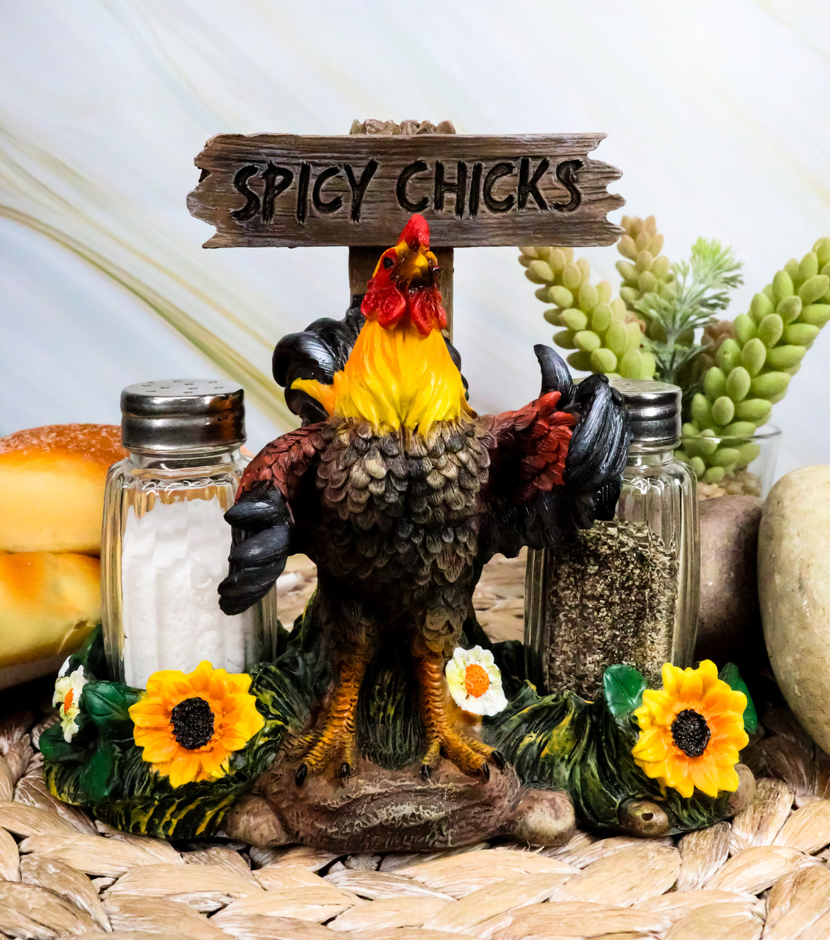 Ebros Gift Hot & Spicy Chicks Sign Rooster Glass Salt Pepper Shakers Holder