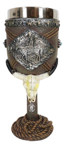 Western Bison Steer Skull With Lasso Ropes Cowboy On Horse Wine Goblet Chalice