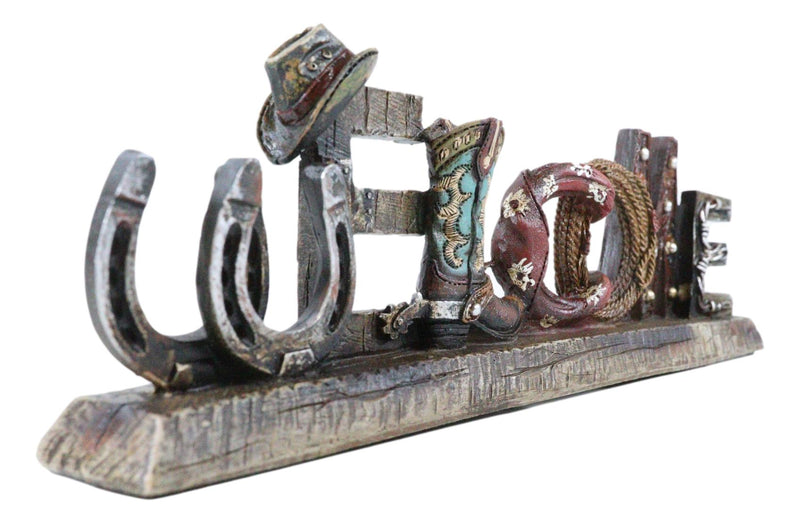 Rustic Western Cowboy Boot Hat Ropes Horseshoes Welcome Sign Desktop Plaque