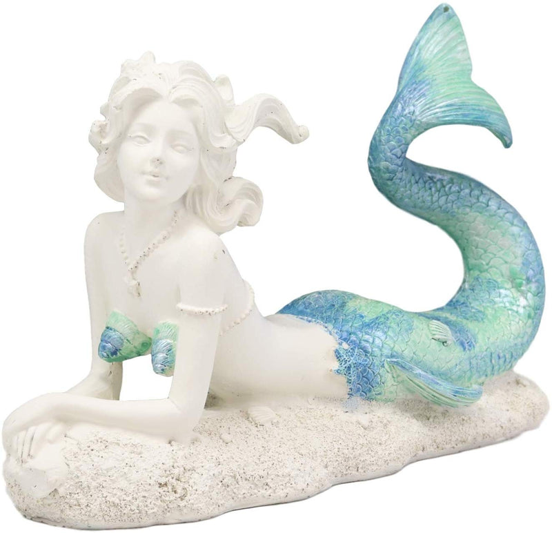 Ebros Gift Nautical Capiz Blue Tailed Siren Mermaid with Seashell and Starfish Statue Ocean Aquamarine Princess Coastal Beach Under The Sea Decorative Accent (Resting On Seabed)