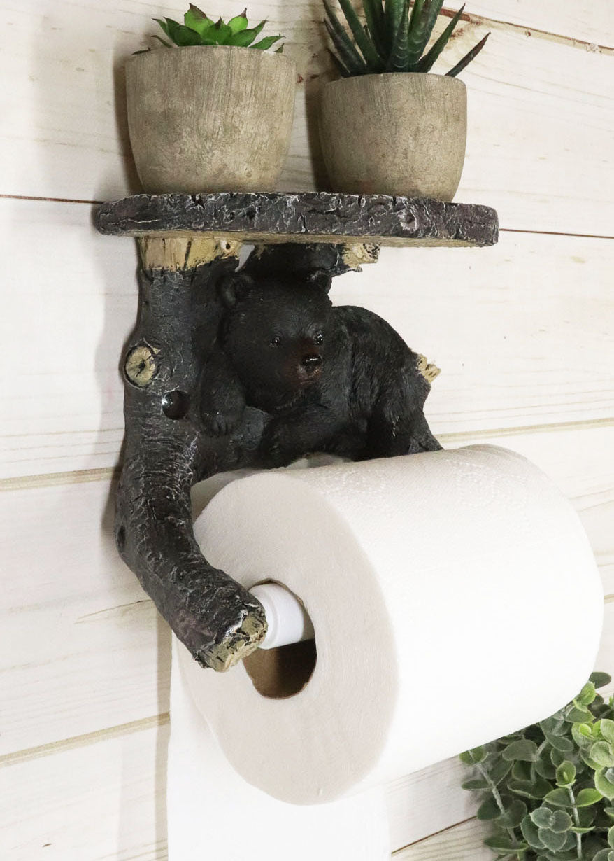 Ebros Rustic Black Bear Cub On Tree Toilet Paper Holder And Cell Phone Stand Figurine
