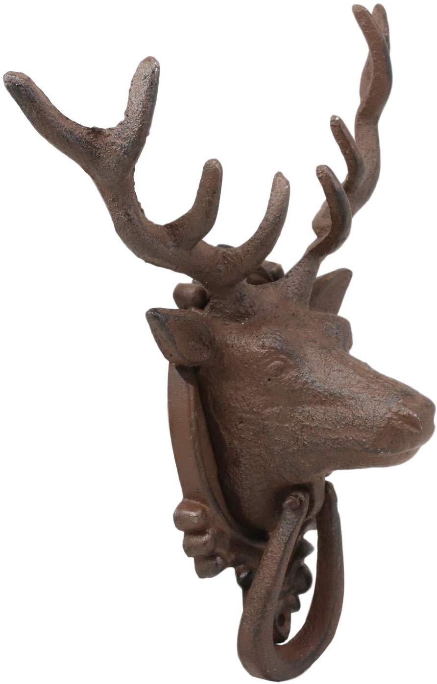 Ebros Gift Rustic Western Forest Horned Elk Deer Head Cast Iron Door Knocker 10.5" Tall Figurine Decorative Knockers Buck for Hunter Cabin Lodge Home Accent Decor Hardware