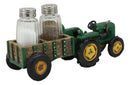 Vintage Country Farm Green Tractor Pulling Wagon Salt And Pepper Shakers Holder
