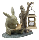 Aluminum Whimsical Bunny Rabbit Reading Book By Midnight Candle Lantern Statue