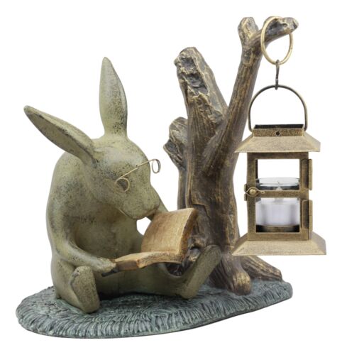 Aluminum Whimsical Bunny Rabbit Reading Book By Midnight Candle Lantern Statue