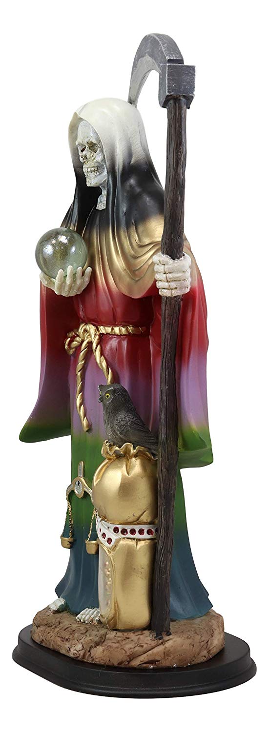 Ebros Gift Large 16.75" Tall Holy Death Santa Muerte Holding Scythe, Glass Globe with Scales of Justice and Owl in Tunic Robe Statue Figurine (White) (RAINBOW) - Ebros Gift
