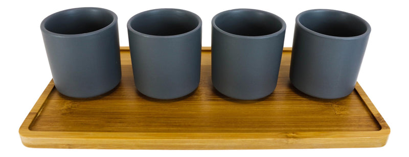 Matte Black Modern Ceramic 28oz Tea Pot With 4 Cups And Bamboo Serving Tray Set