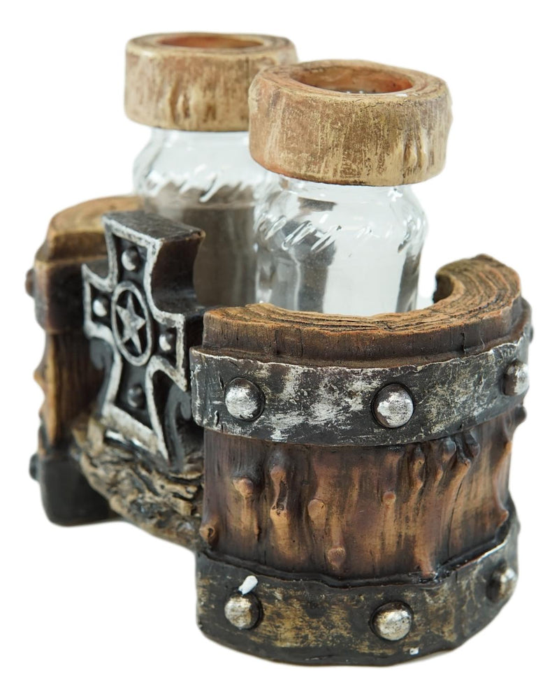 Rustic Western Star Cross With Faux Wood Barrel Base With Salt & Pepper Shakers