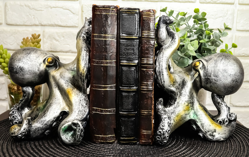 Ebros Nautical Coastal Sea Monster Octopus Bookends Set Statue in Faded Bronze Antique Finish 6.25" H