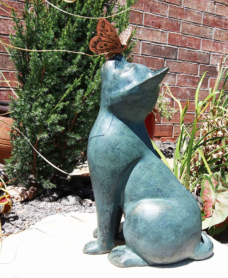Ebros 14.75 Tall Shorthair Cat With Flitting Butterfly On His Nose Garden Statue
