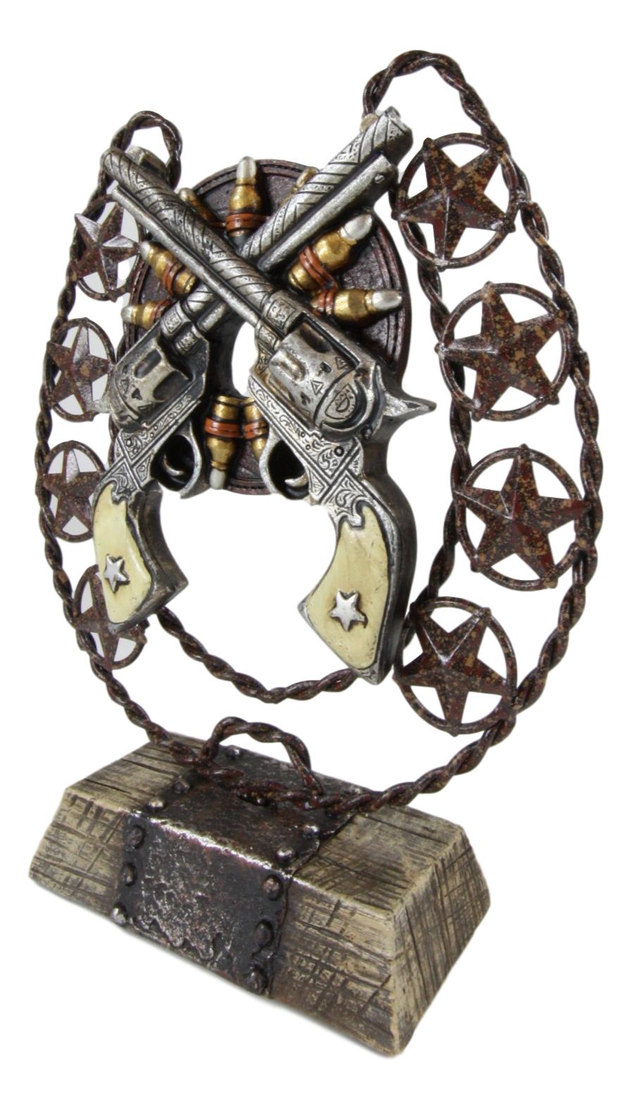 Ebros Cast Iron Cowboy Horseshoe Western Stars Dual Revolver Pistols Bullets Figurine